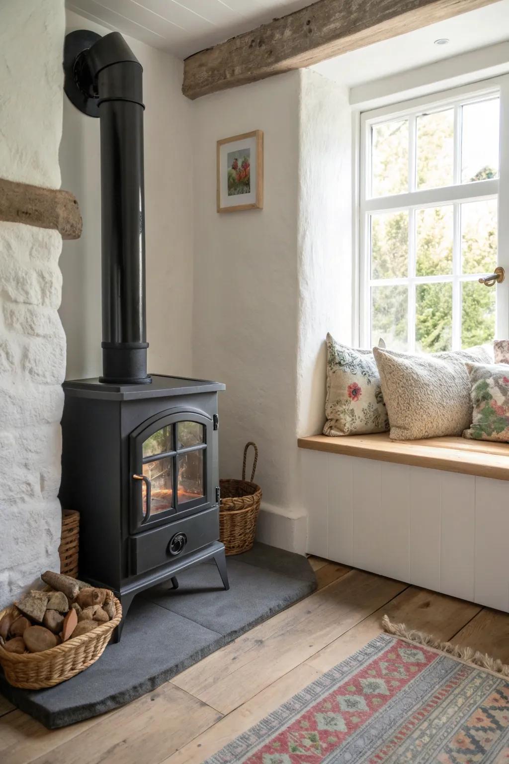 A corner stove becomes a café-like hearth nook with a wraparound banquette for small spaces.