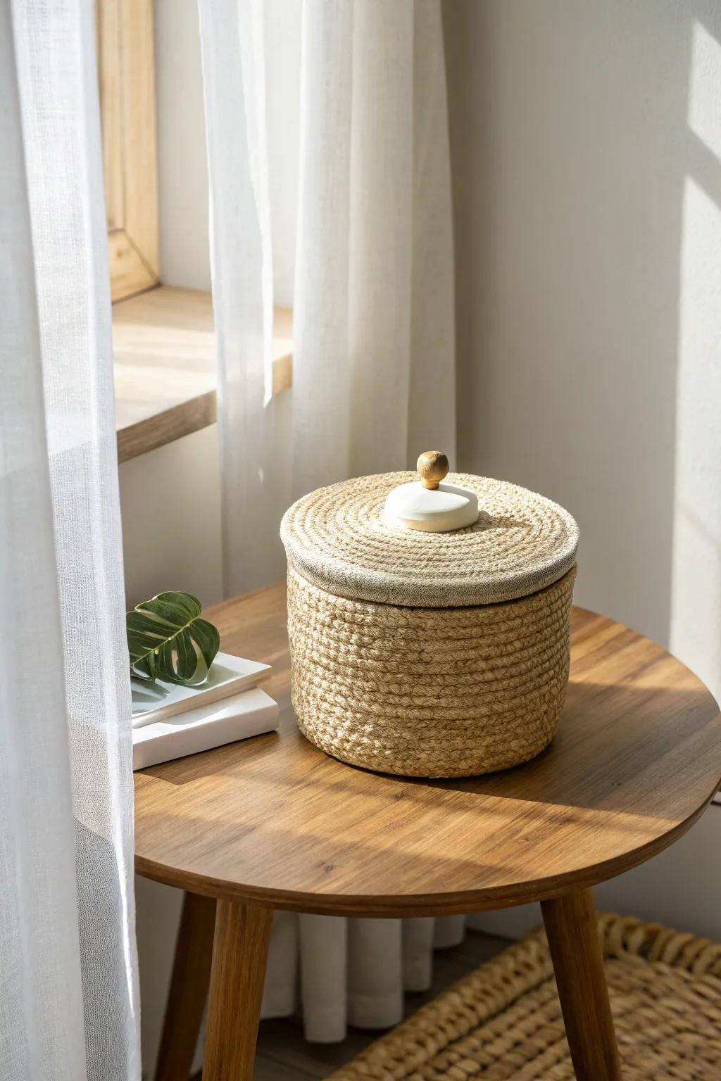 A pretty lidded box keeps corner-table clutter hidden while your space stays calm.