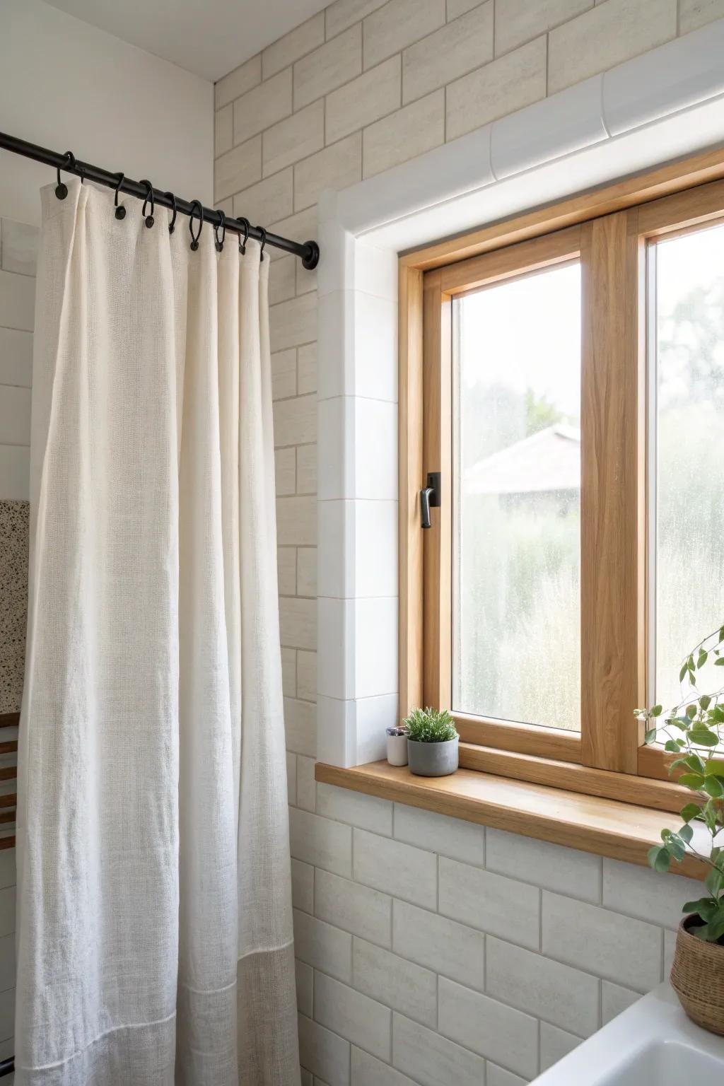 Frosted privacy film with airy linen side panels—minimal, bright, and bathroom-friendly.
