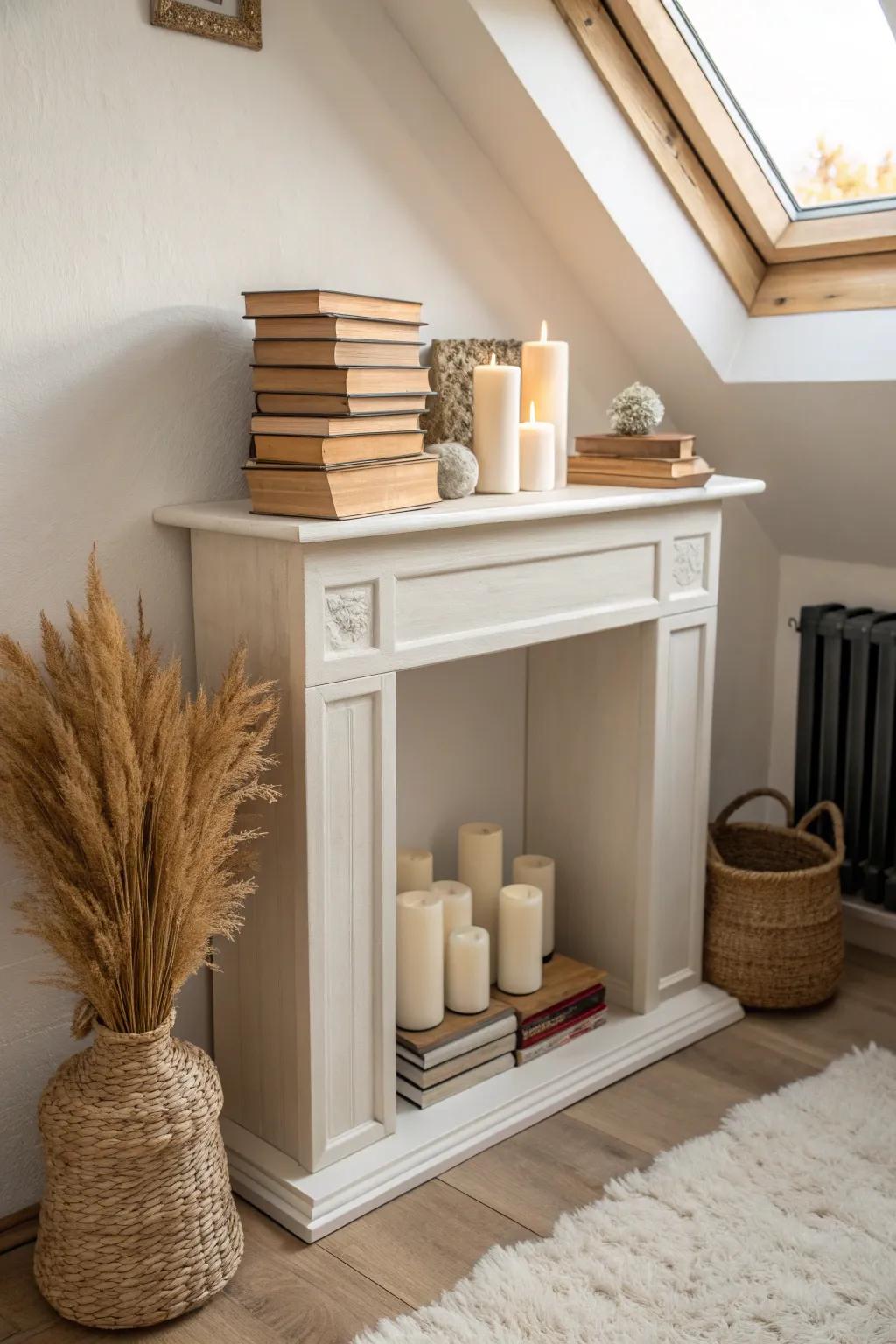 A faux mantel with stacked books and candles brings instant winter-night coziness to attic bedrooms.