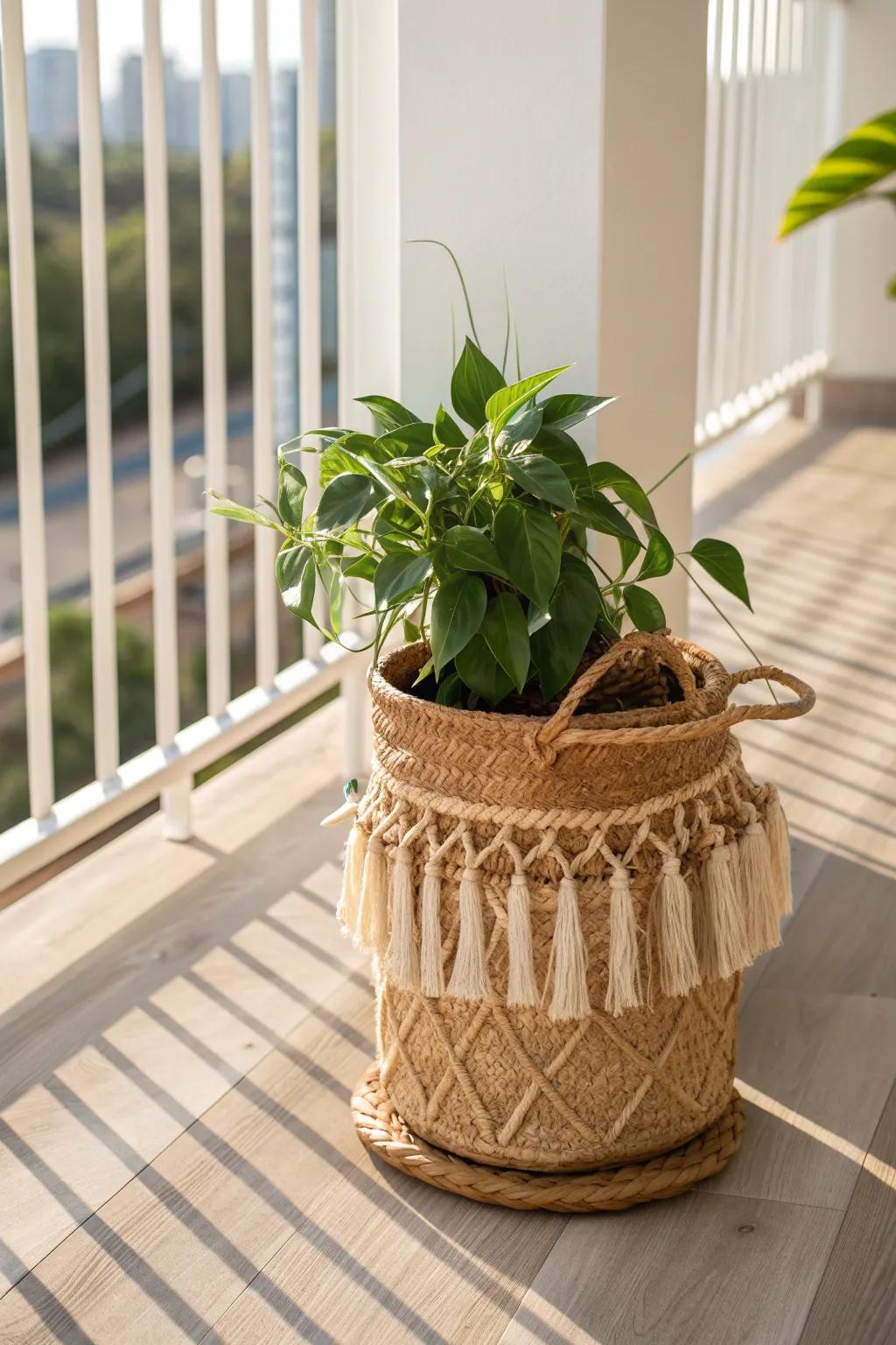 Woven basket planter = instant cozy balcony texture—just slip the pot in and keep drainage smart.