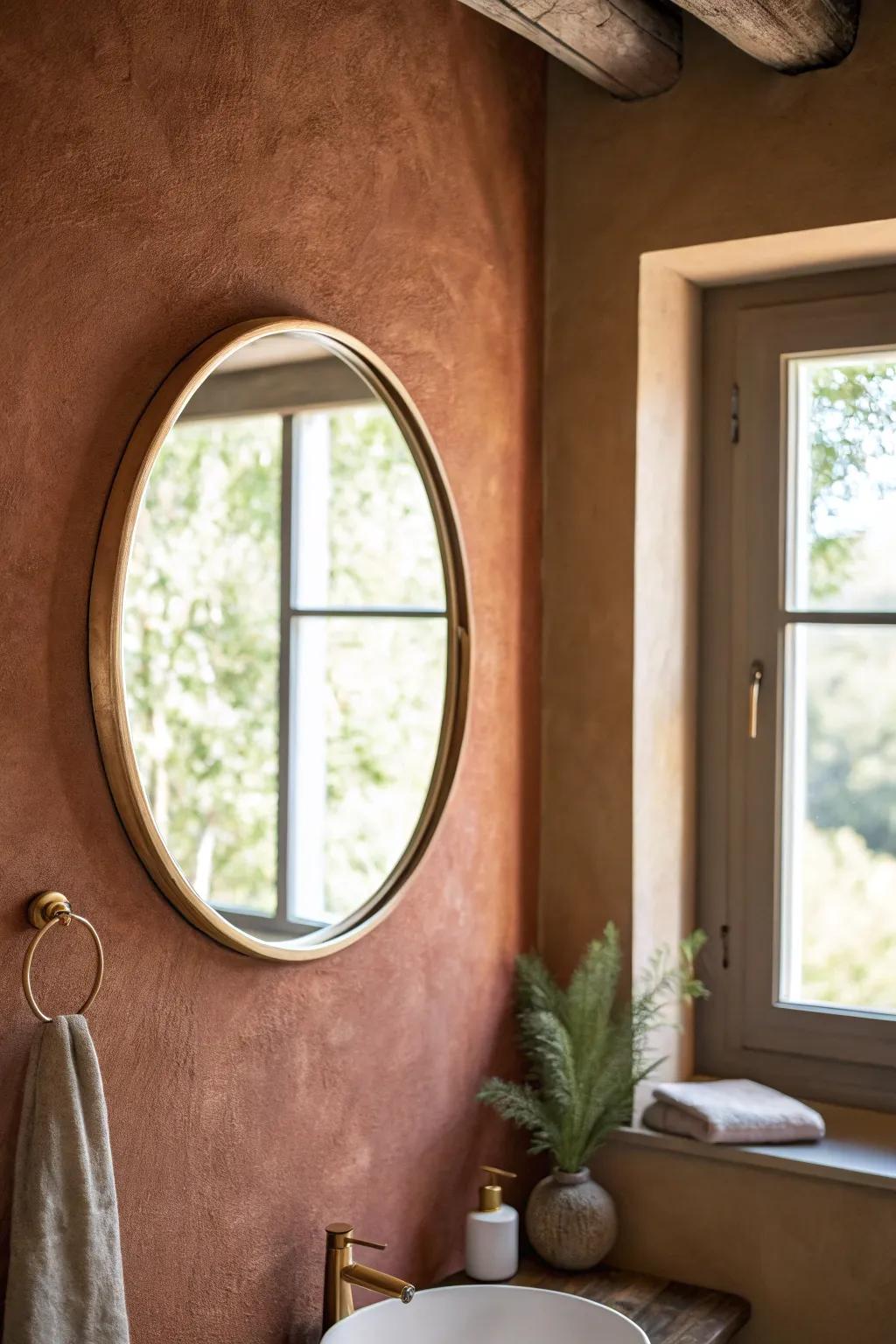 A deep clay accent wall turns a tiny bath into a cozy cocoon—simple mirror, big mood.