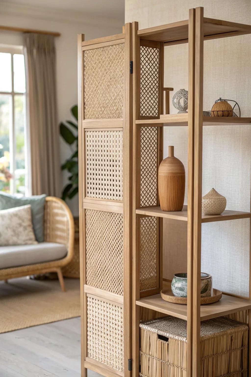 An airy room divider that creates a cozy den feel—without making a small space feel smaller.