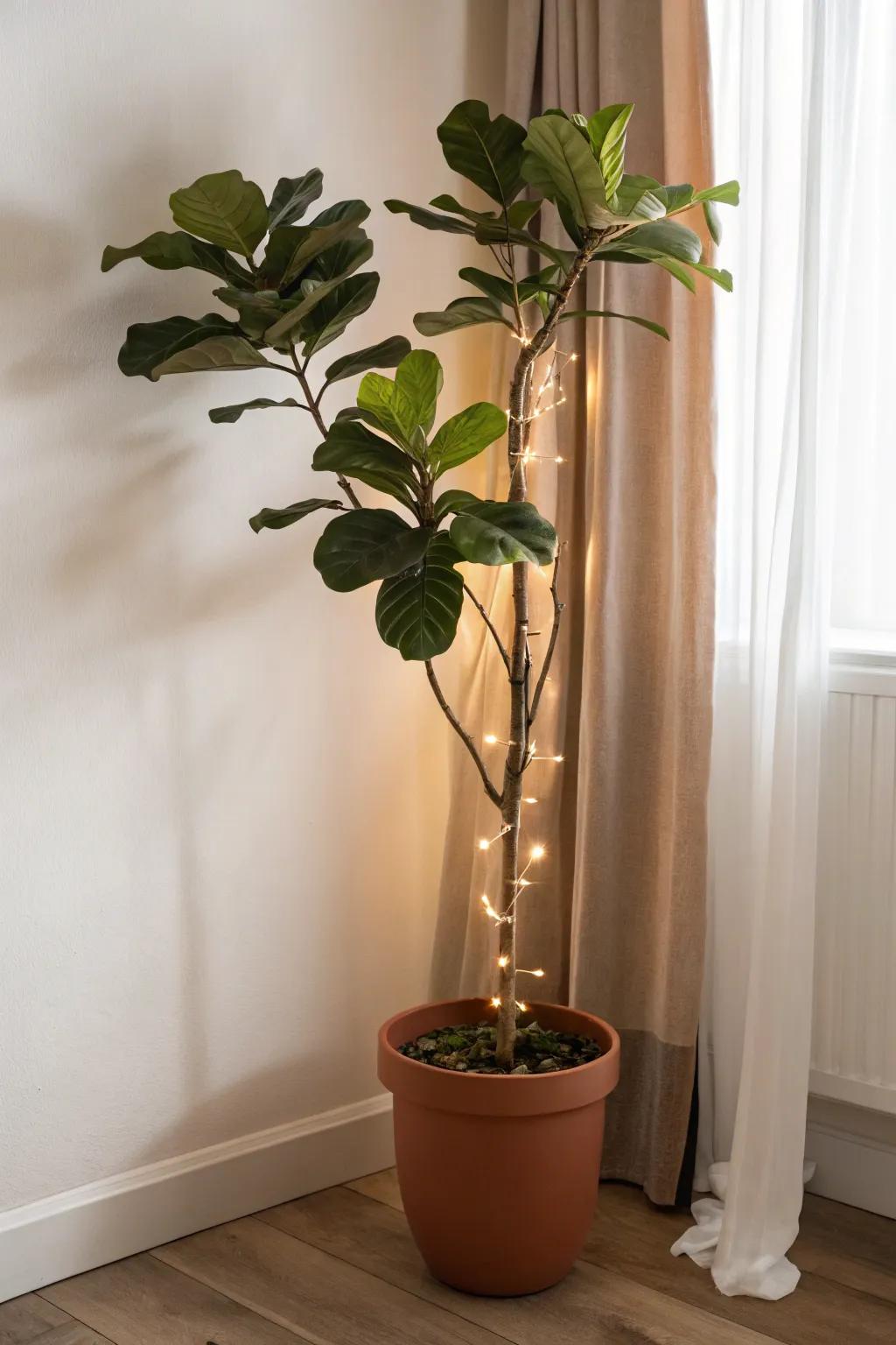 Wrap fairy lights through a floor plant for dreamy shadows and a cozy night-glow.