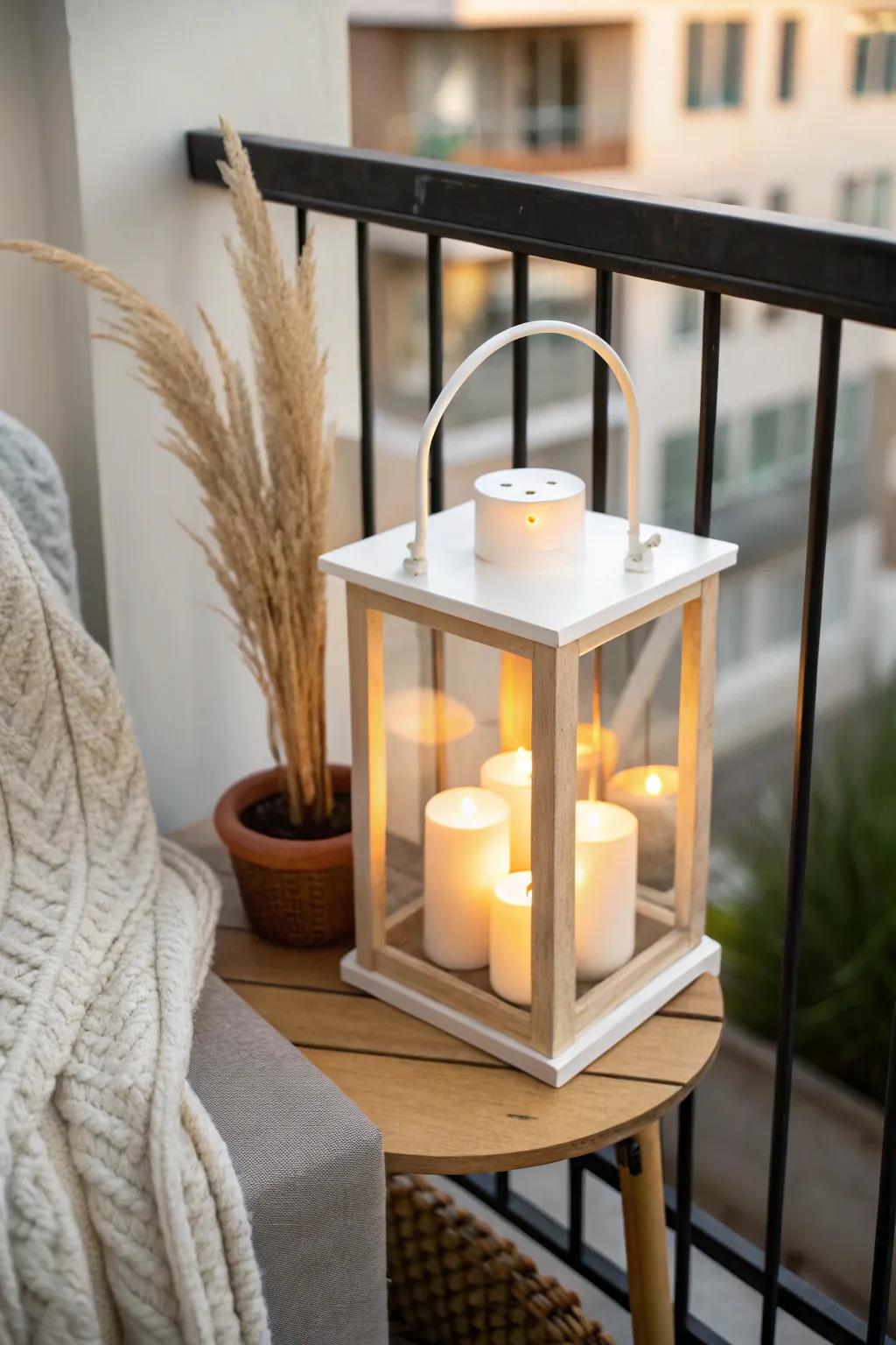 Soft, flicker-free glow: flameless candles in a lantern for instant balcony coziness.