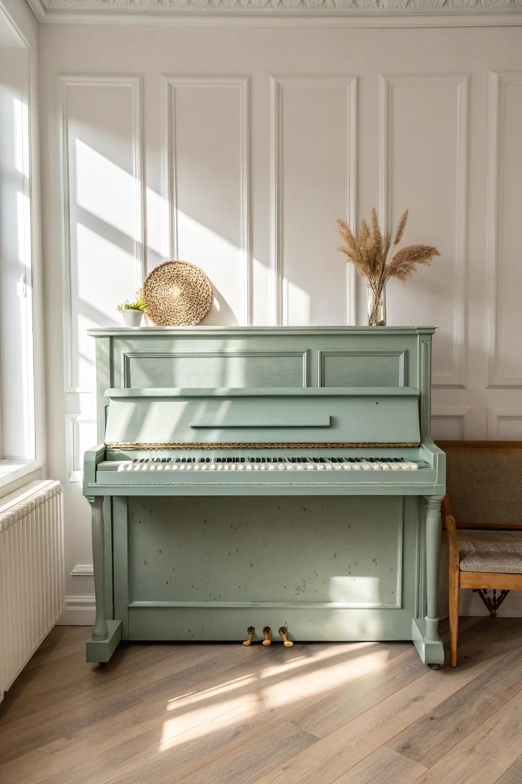 A painted upright in soft sage turns a hand‑me‑down piano into a cozy, intentional focal point.