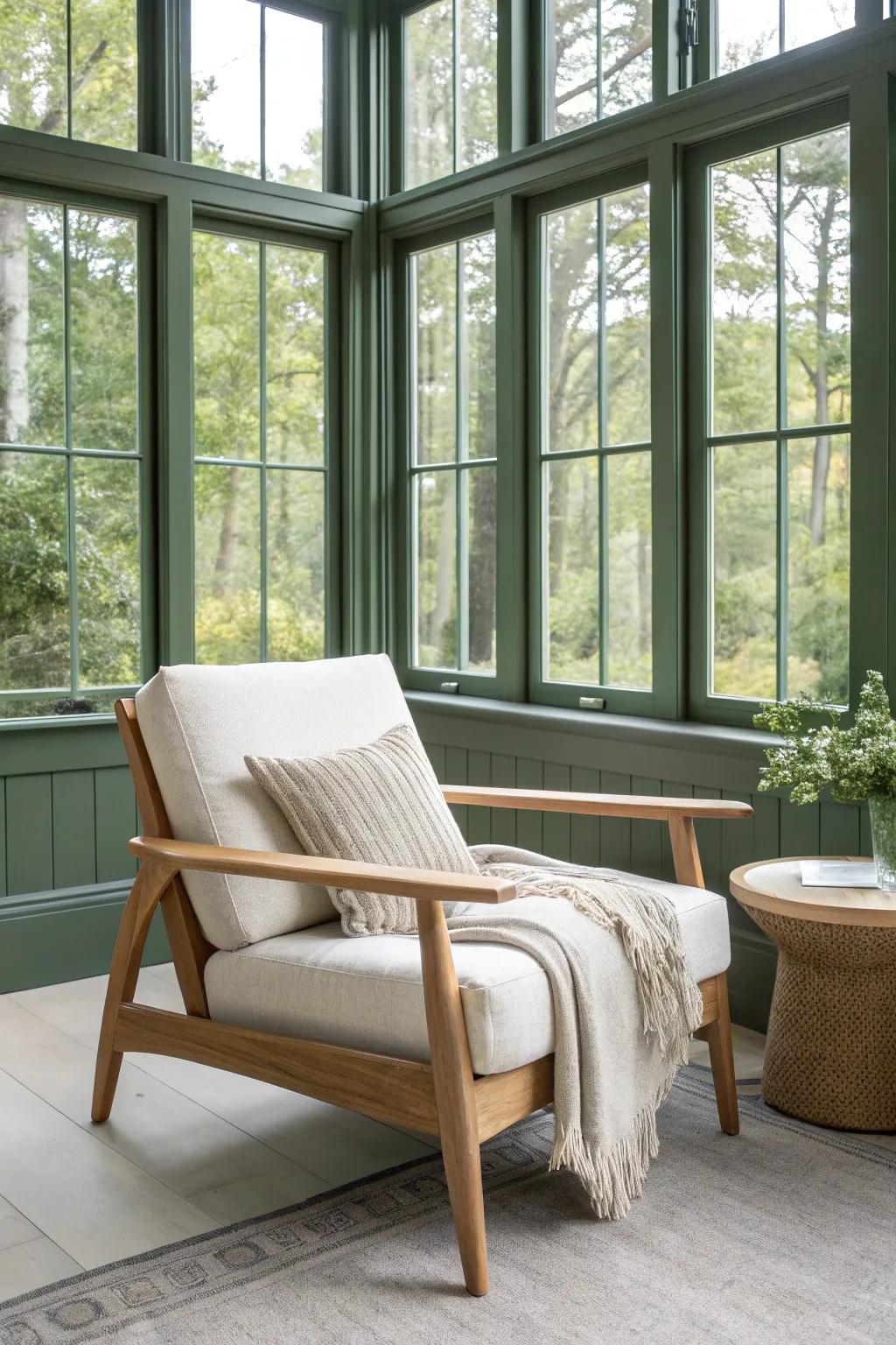 Deep, color-drenched walls make a tiny sunroom feel like a cozy, gallery-like retreat.