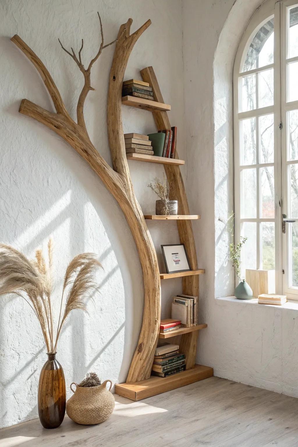 Organic branch-style shelving: a sculptural wow moment that holds books without adding bulk.