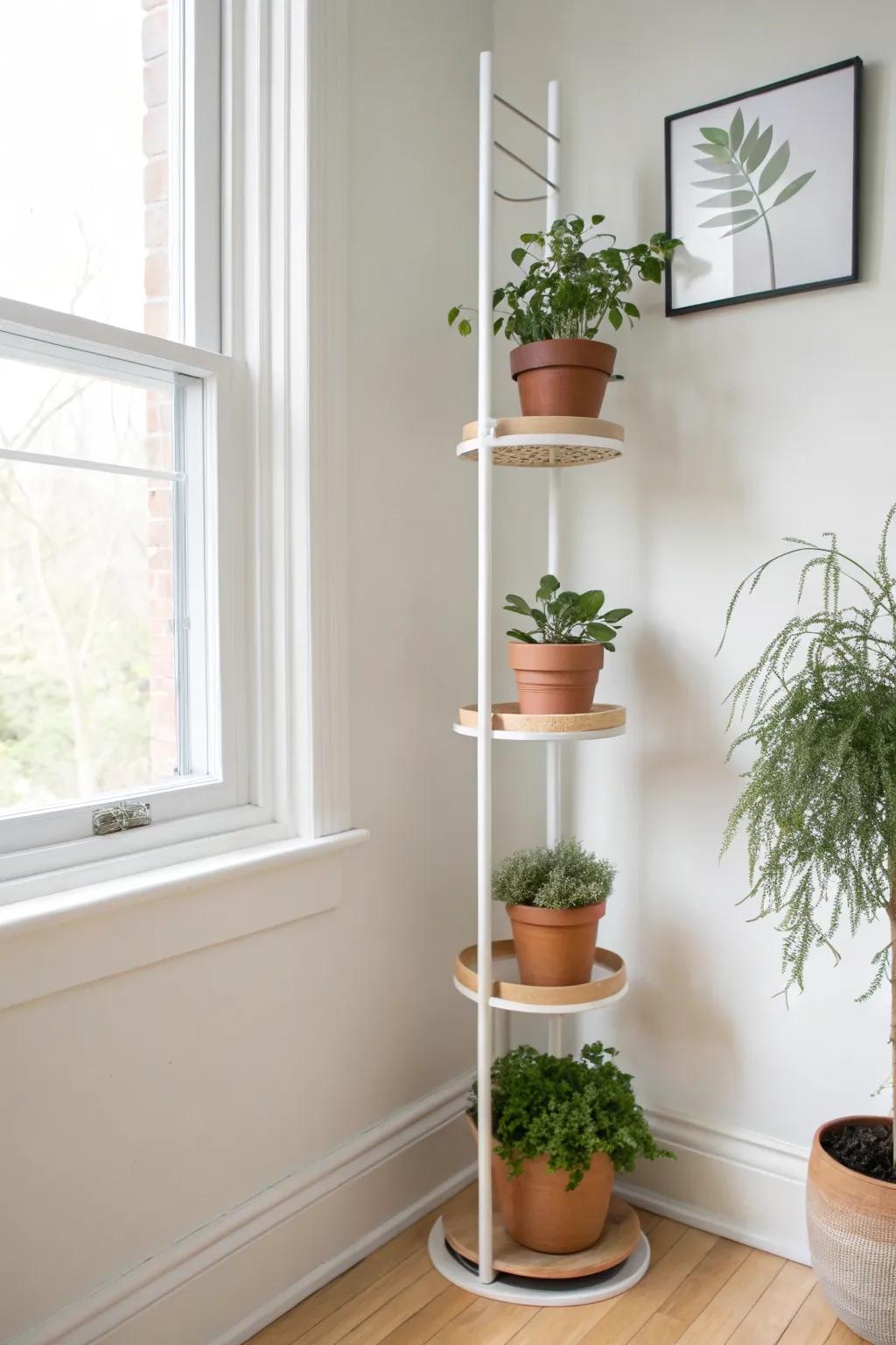 Rental-friendly tension rod plant tower—vertical greenery without drilling, perfect for skinny nooks.