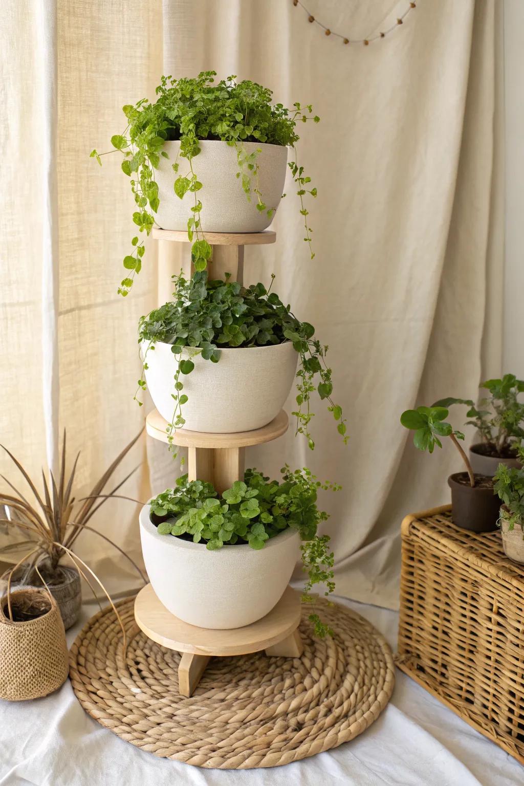 A tiered ring planter makes Creeping Jenny spill in lush layers—perfect for small vertical spaces.