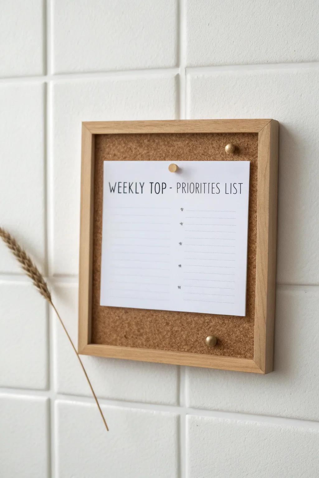 A corkboard “live dashboard” for weekly priorities, key contacts, and just one reference sheet.