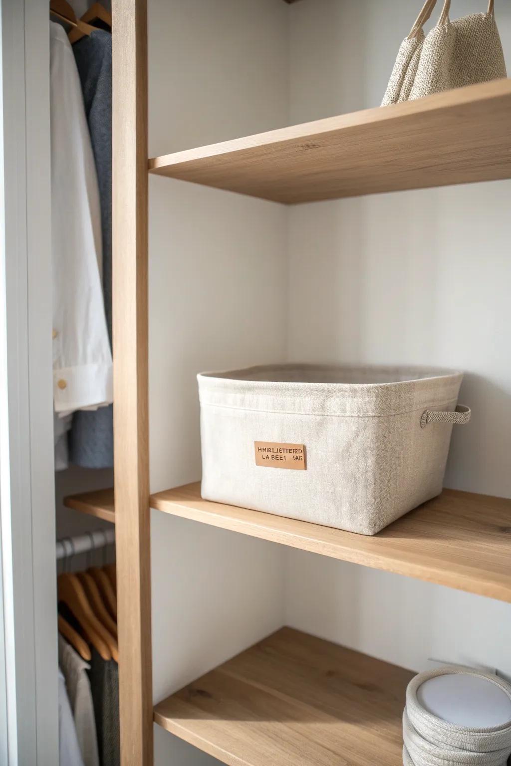 Matching labeled bins on the top shelf give your closet a custom, calm, studio-ready look.