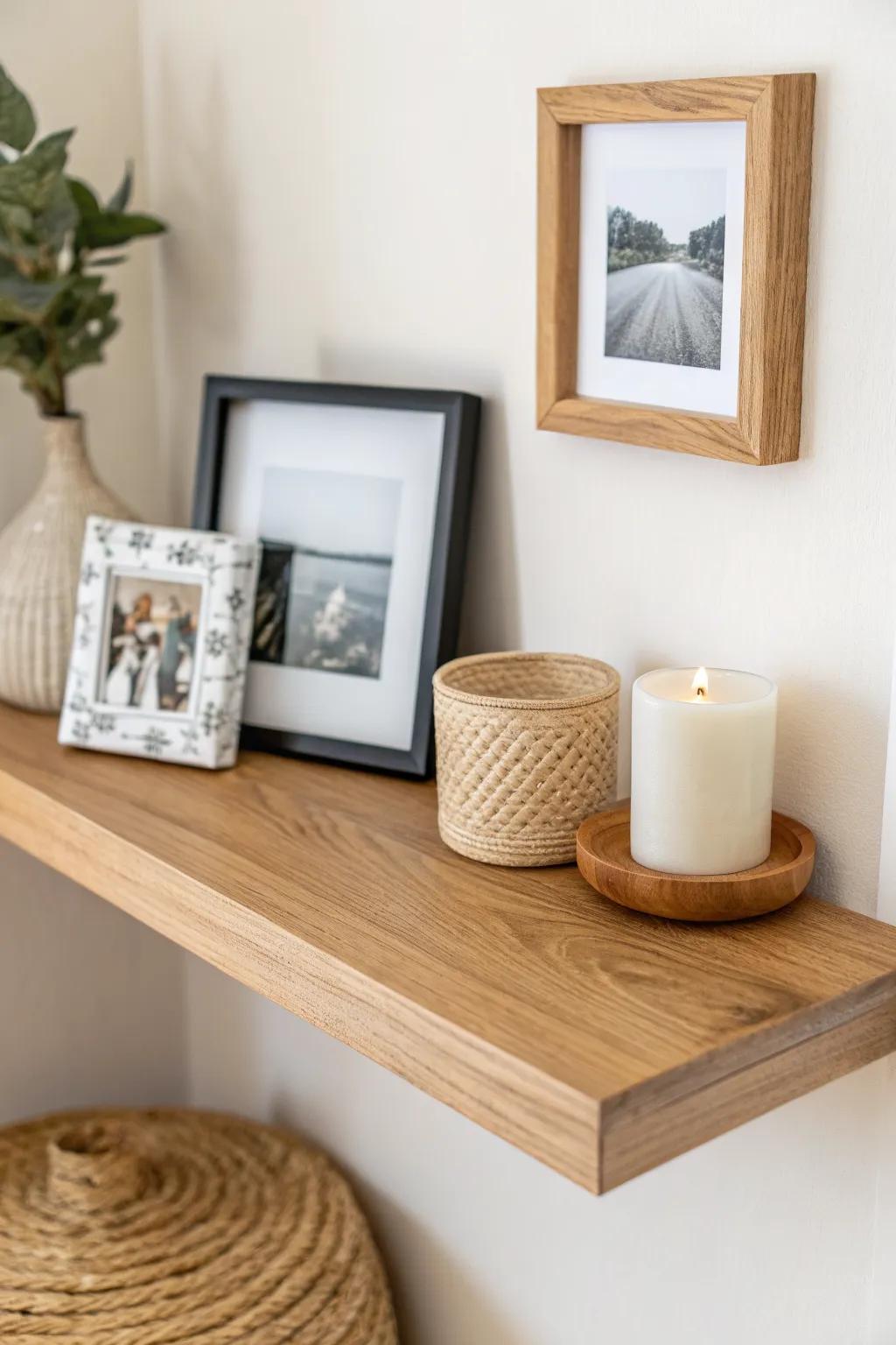 Turn one tiny floating shelf into a cute corner: photo, candle, and a textured accent.