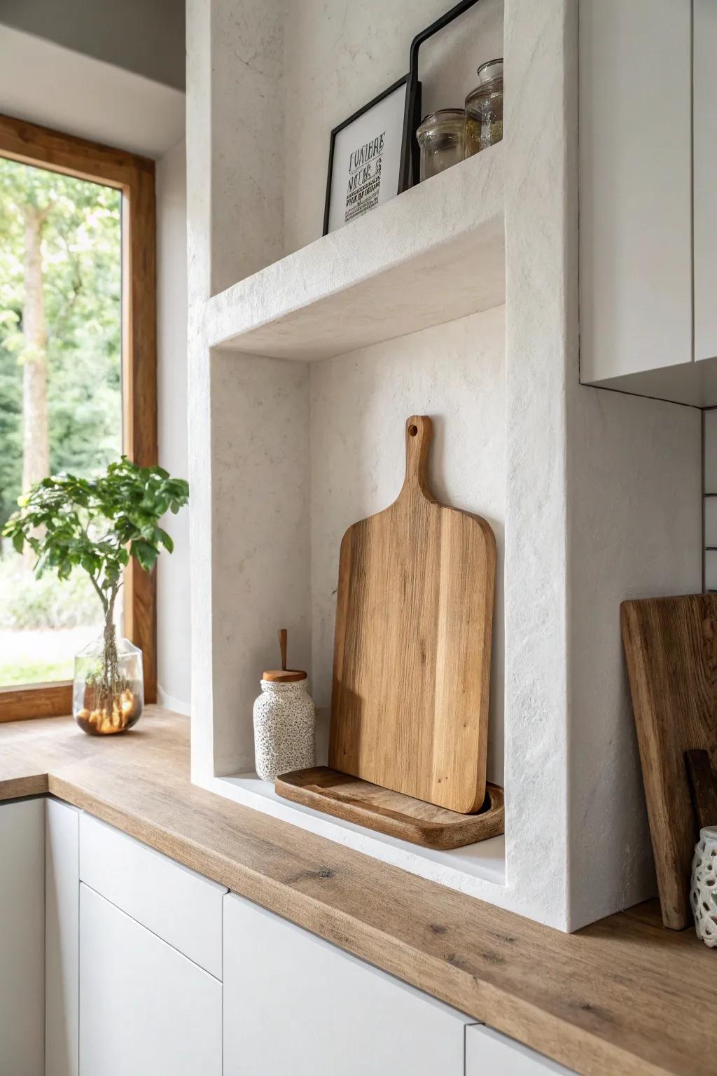 A recessed wall niche turns one beautiful cutting board into a sleek, space-saving built-in.