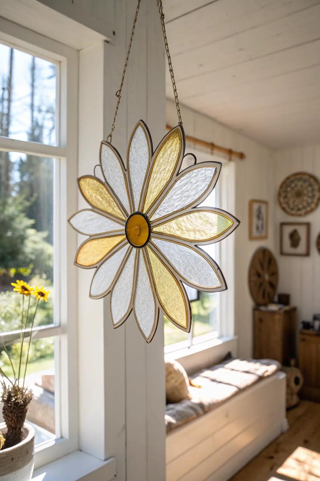 Illuminate your space with the elegance of handcrafted daisy suncatchers.