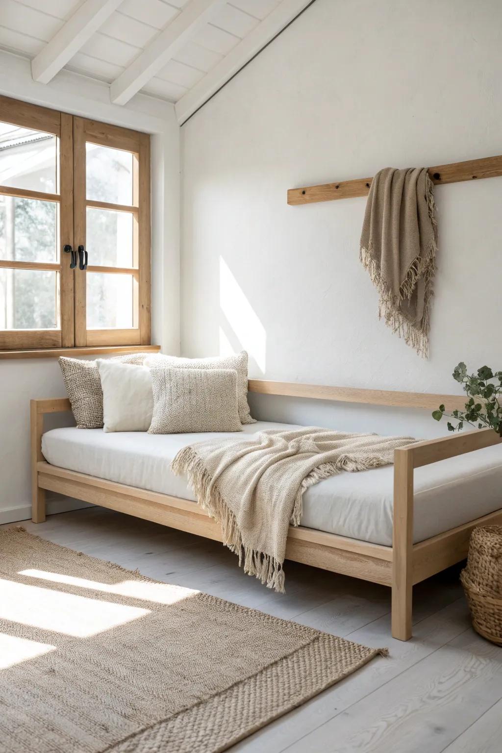 Float a daybed off the wall to define a cozy living zone in a small studio—no divider needed.