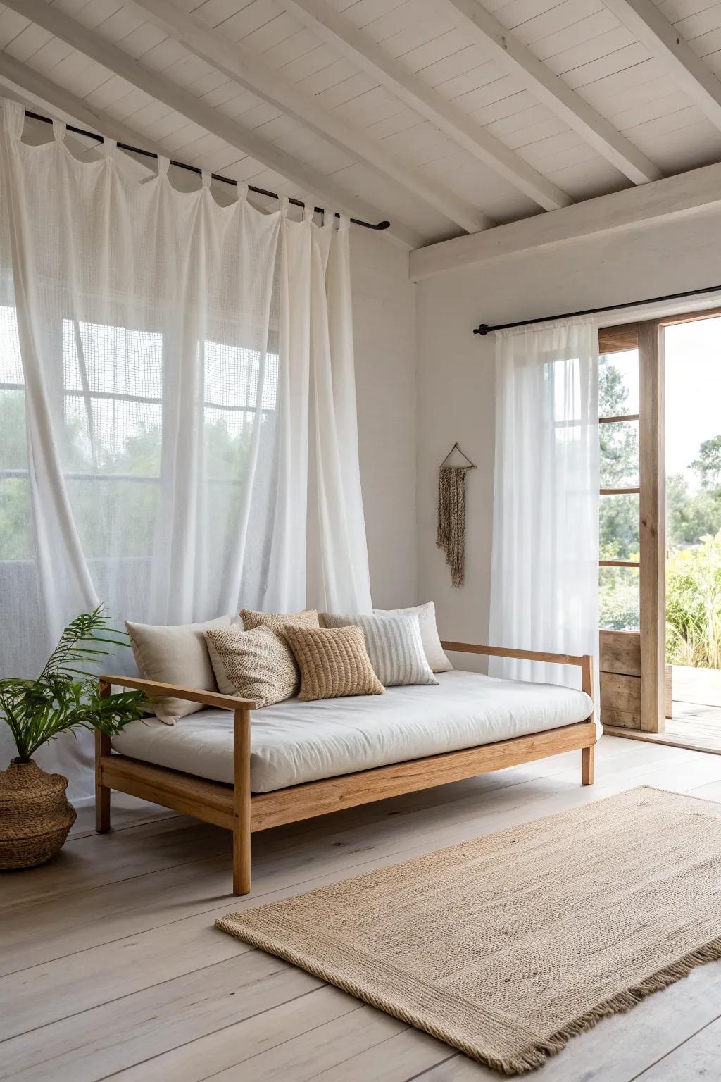 Ceiling-mounted curtains frame your daybed like a soft cabana, instantly zoning a tiny living room.