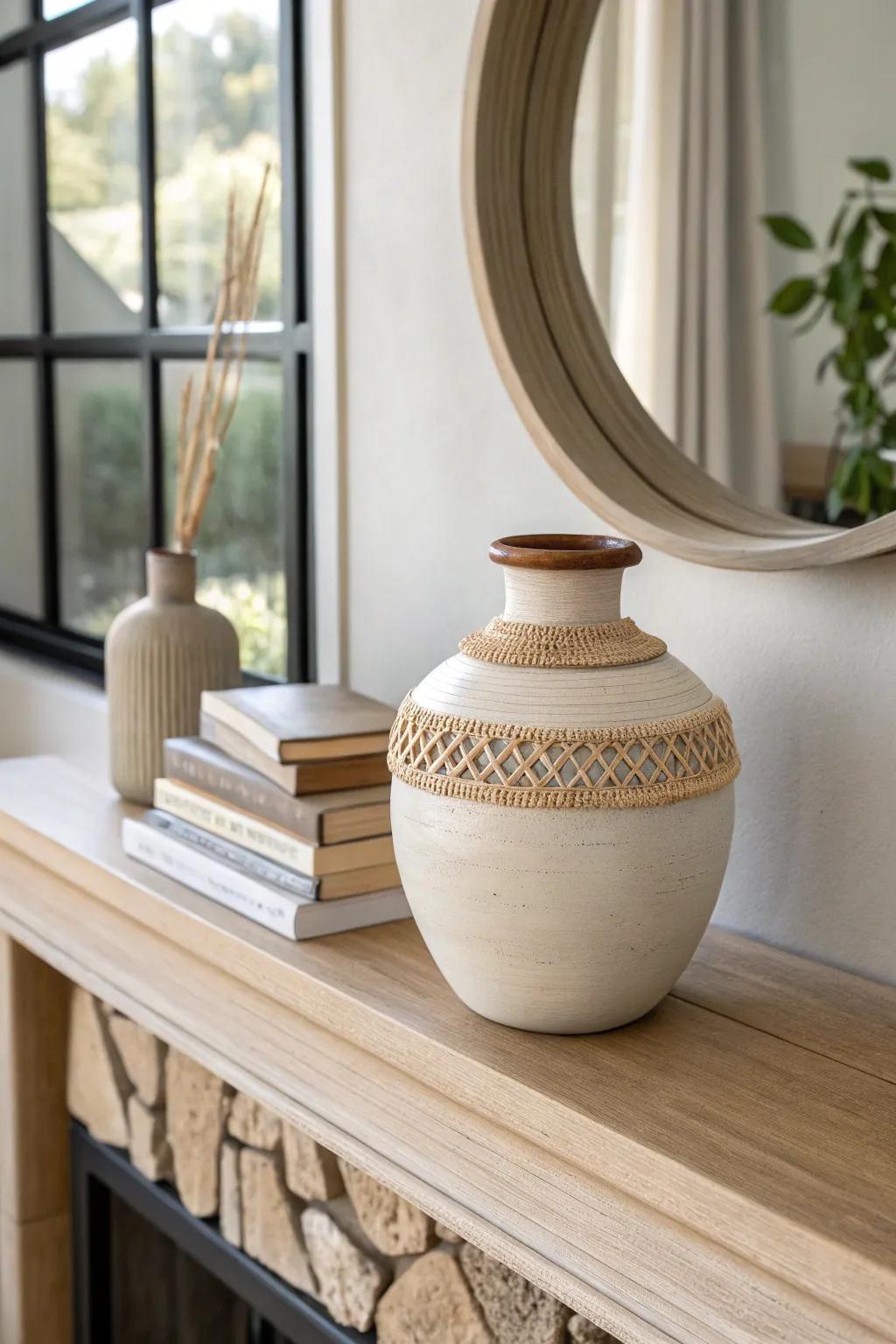 A round mirror + one sculptural vase creates balanced, not-boring fireplace built-ins.