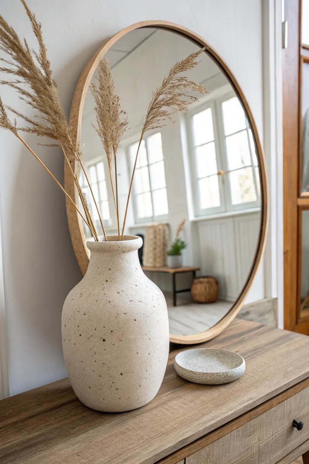 Instant depth: a handcrafted vase layered before a mirror for effortless, airy styling.