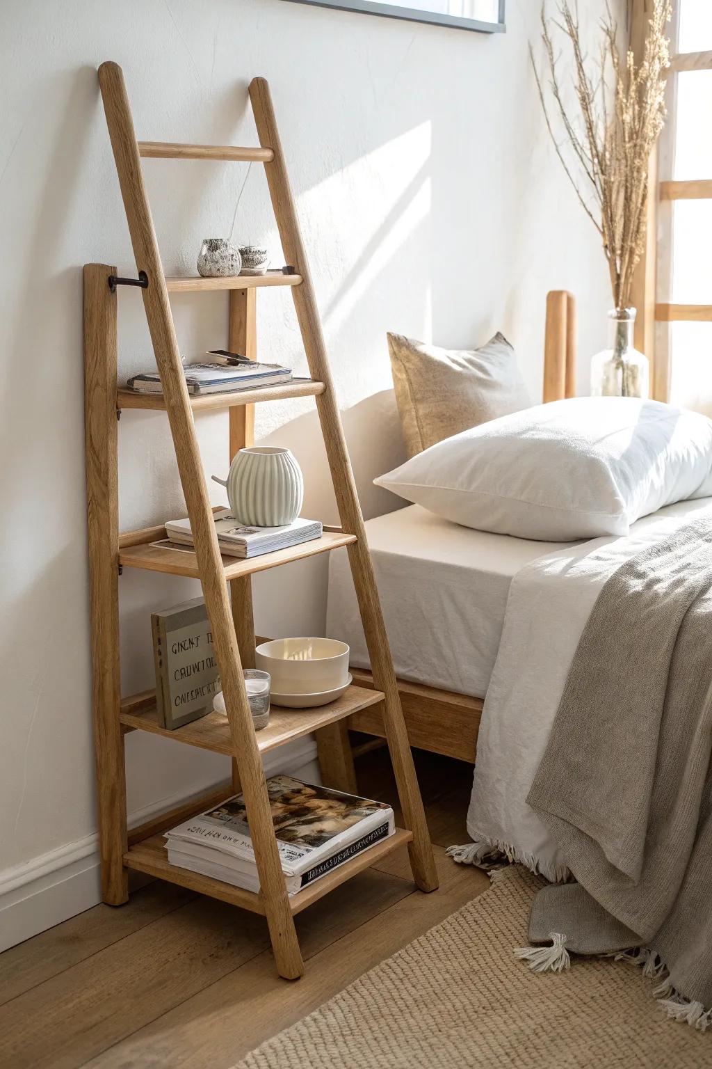 A decorative ladder nightstand that feels airy—tray on top, books on the rungs.