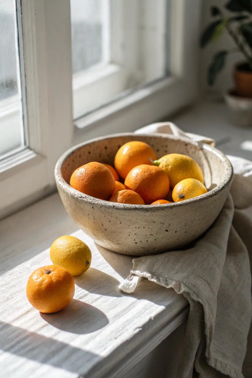 Seasonal sill styling: a handcrafted bowl of citrus for instant winter glow and calm vibes.