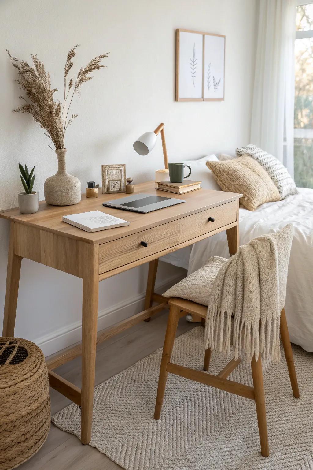 Rotate the desk to face away from the bed for a calmer corner and better sleep boundaries.