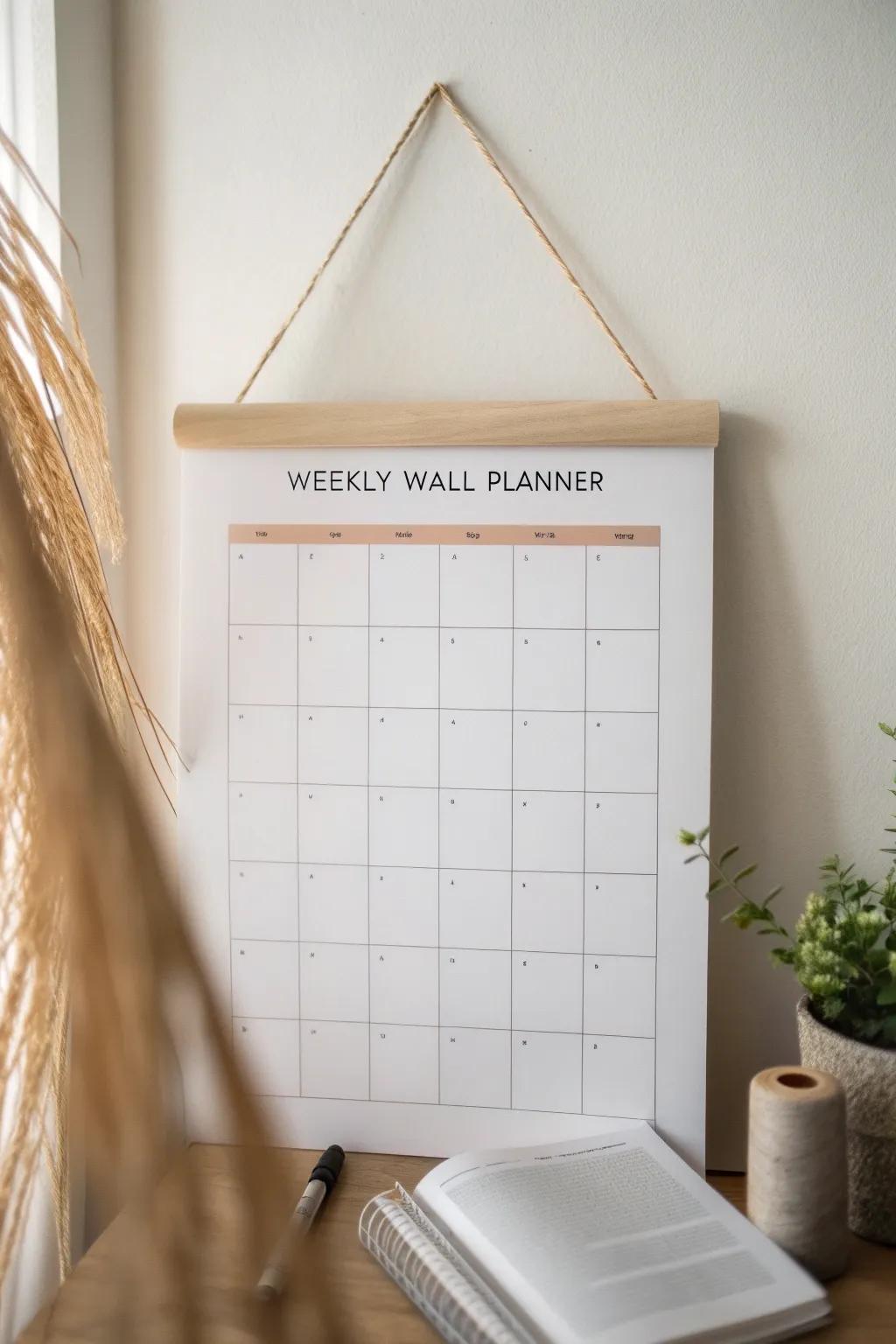 A simple weekly wall planner above the desk keeps reminders off surfaces—and looks so calm.