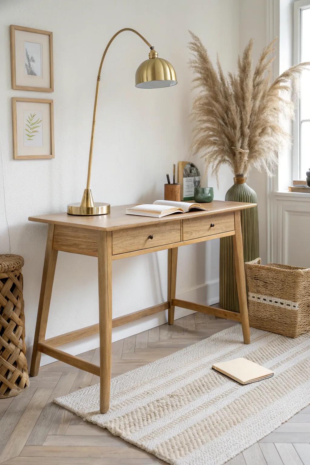 Define a living-room desk nook with a soft rug and warm floor lamp—no walls needed.