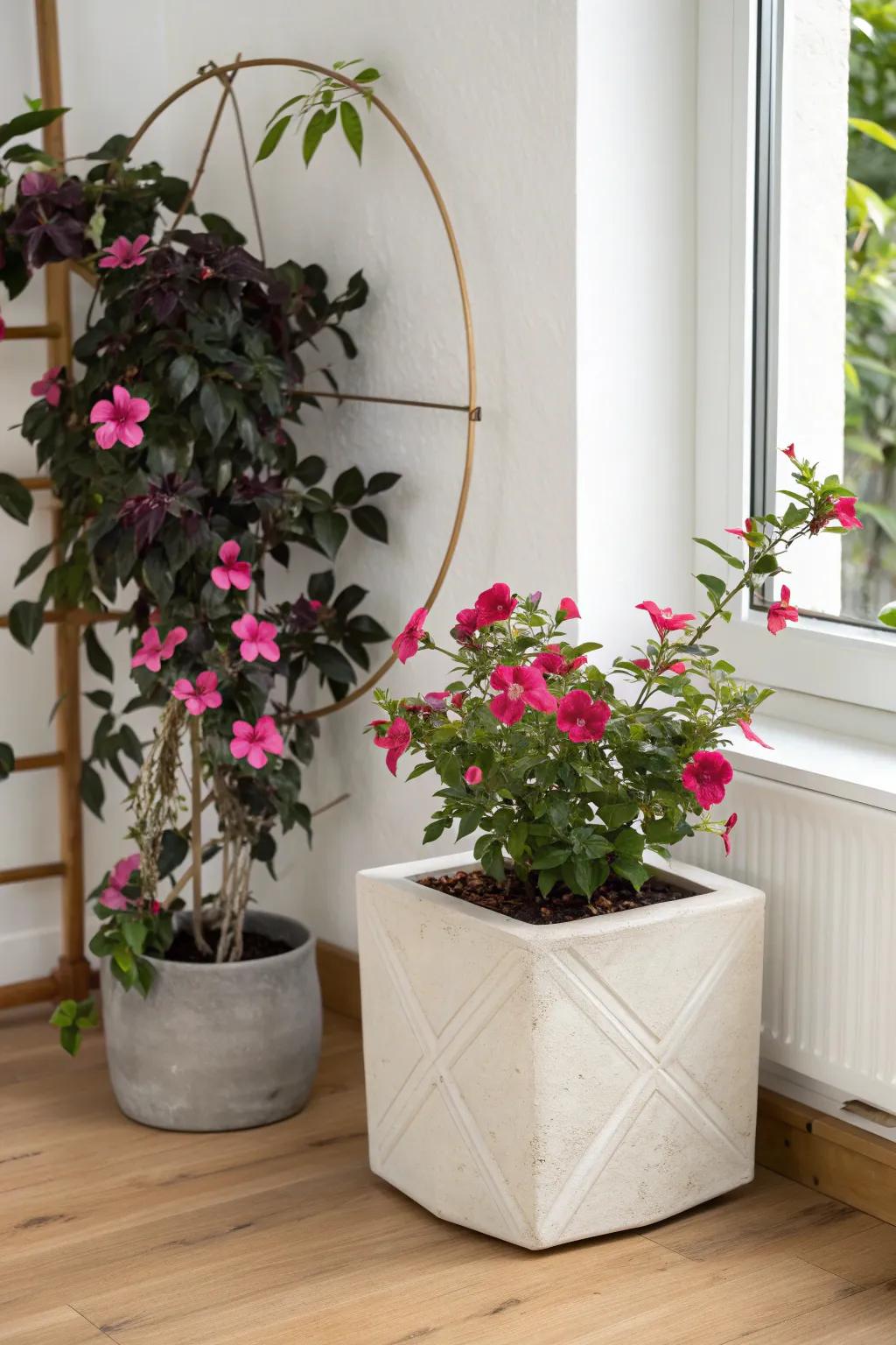 Sleek square planter: dipladenia blooms pop against deep, moody foliage for modern contrast.