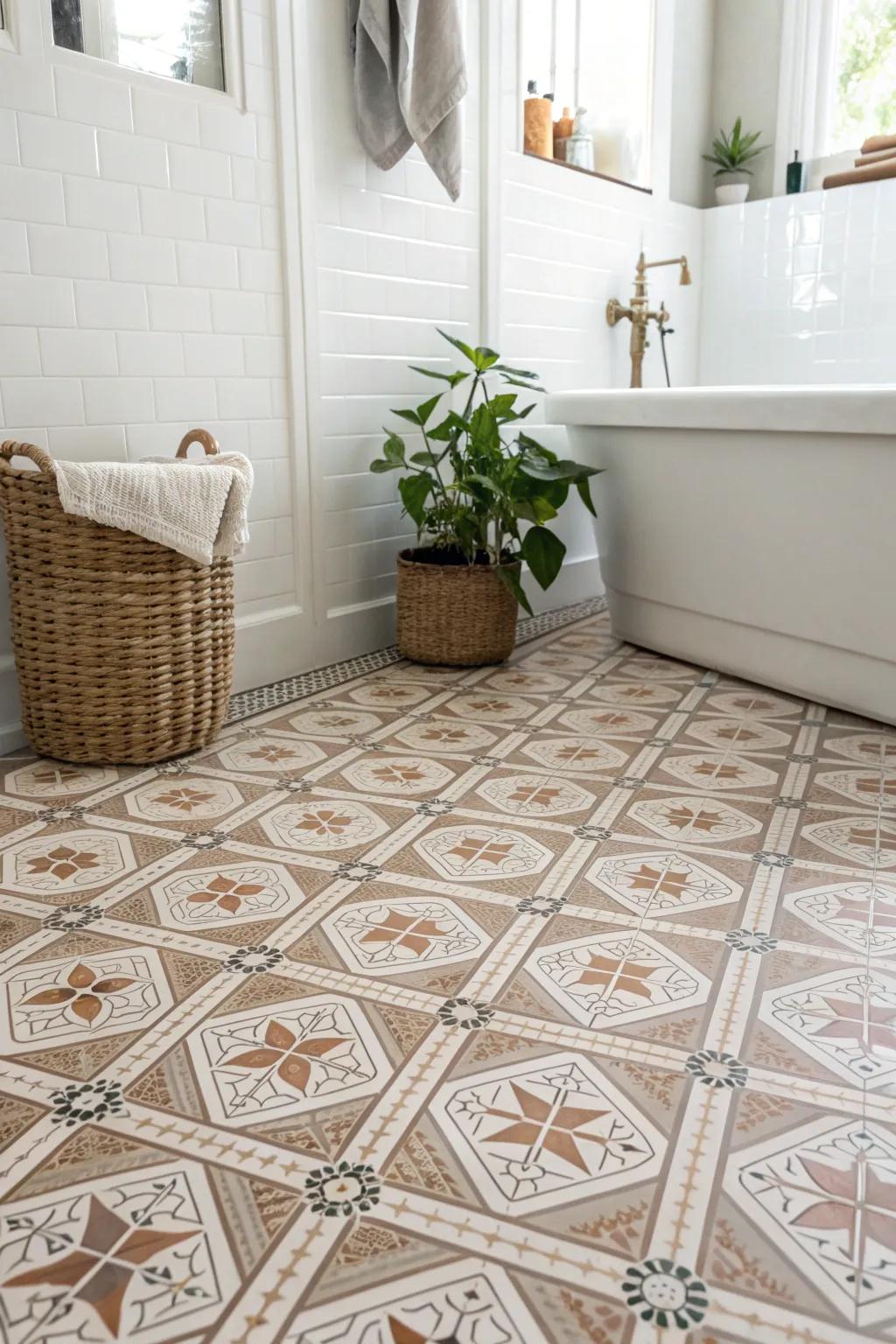 Elevate your bathroom with the timeless charm of retro sheet linoleum—where Scandinavian minimalism meets boho elegance.