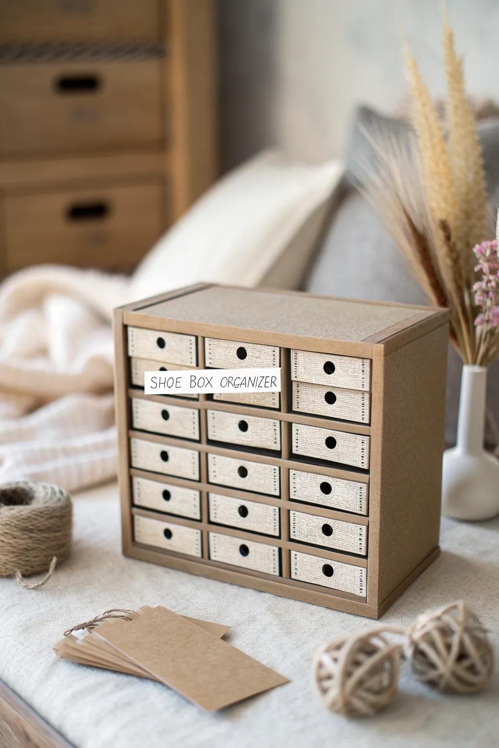 Scrap-cardboard matchbox drawers turn seed beads into a tidy, label-ready mini archive.