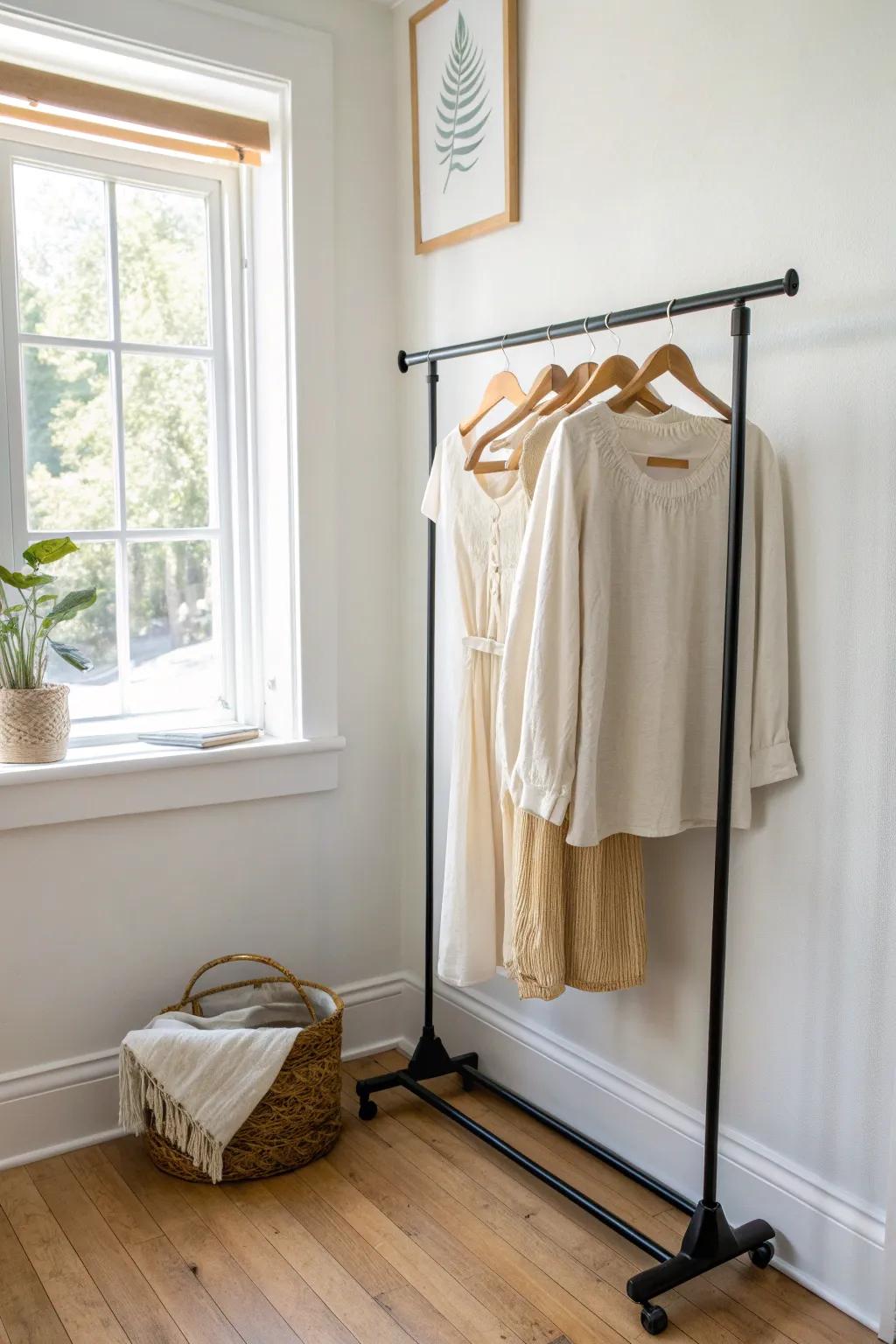 No-drill tension-rod clothes rack—tiny-space friendly, minimalist, and beautifully boho.