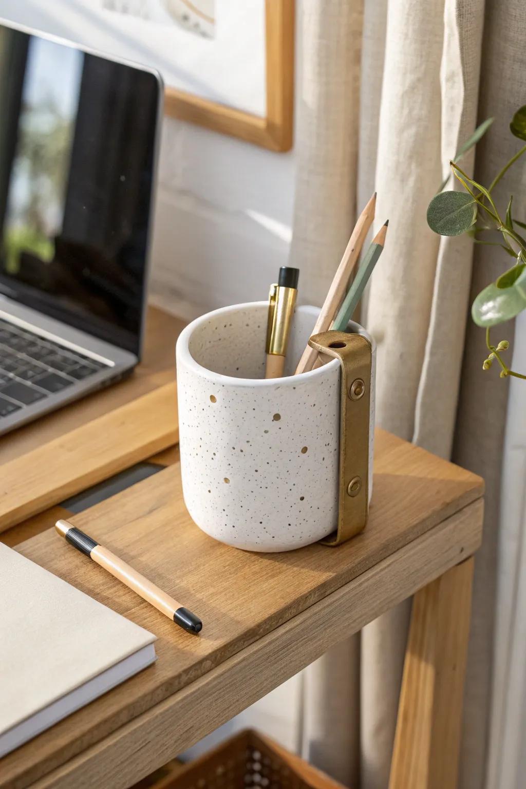 A hanging cup organizer adds pen storage without taking an inch of precious desktop space.