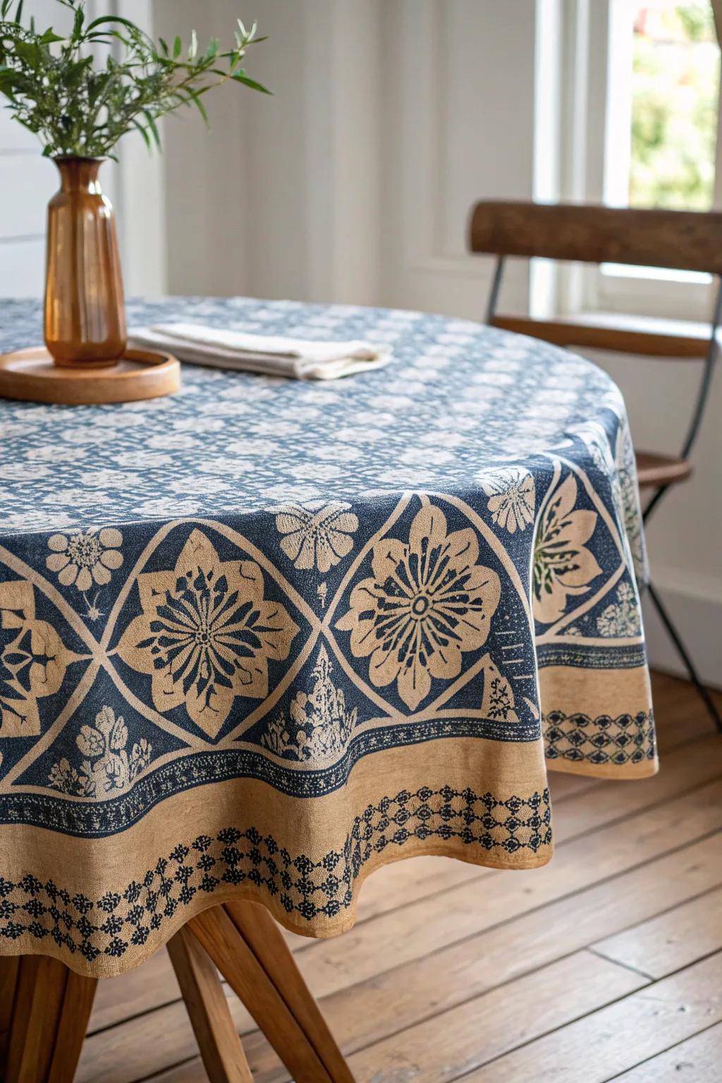 Bold decoupage tabletop: patterned cloth sealed for a durable, room-stealing finish.