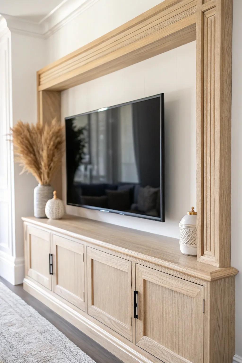 DIY trim turns a TV opening into a built-in picture-frame moment—clean, cozy, and polished.