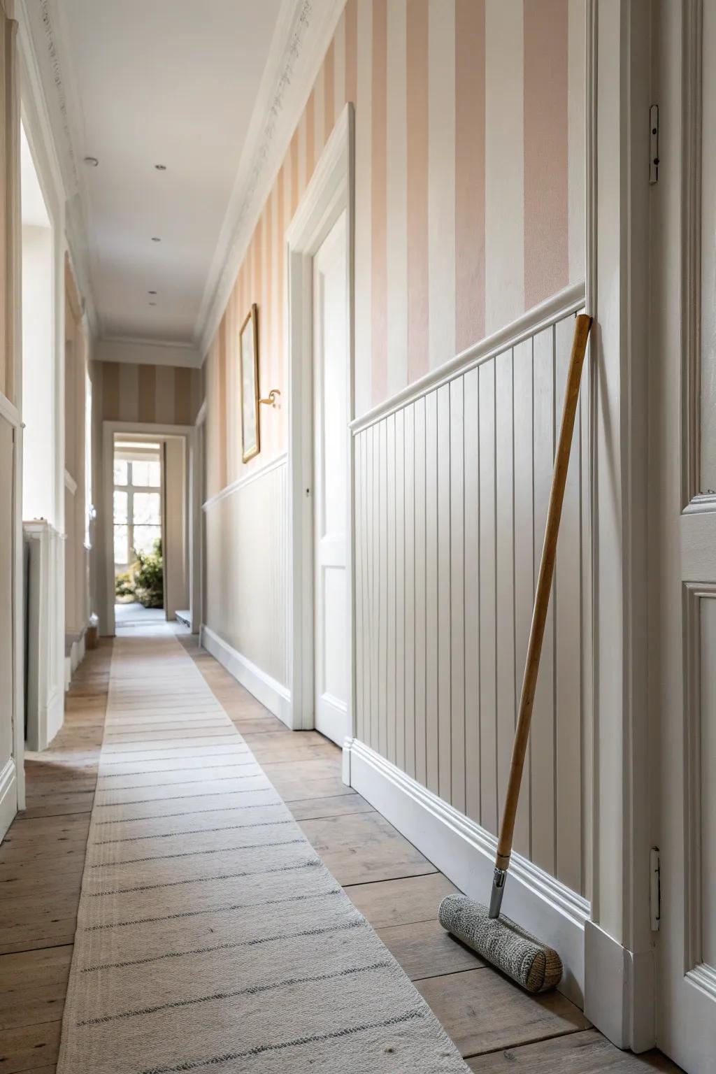 Tonal painted stripes elongate a narrow hallway—subtle, playful, and beautifully minimal.