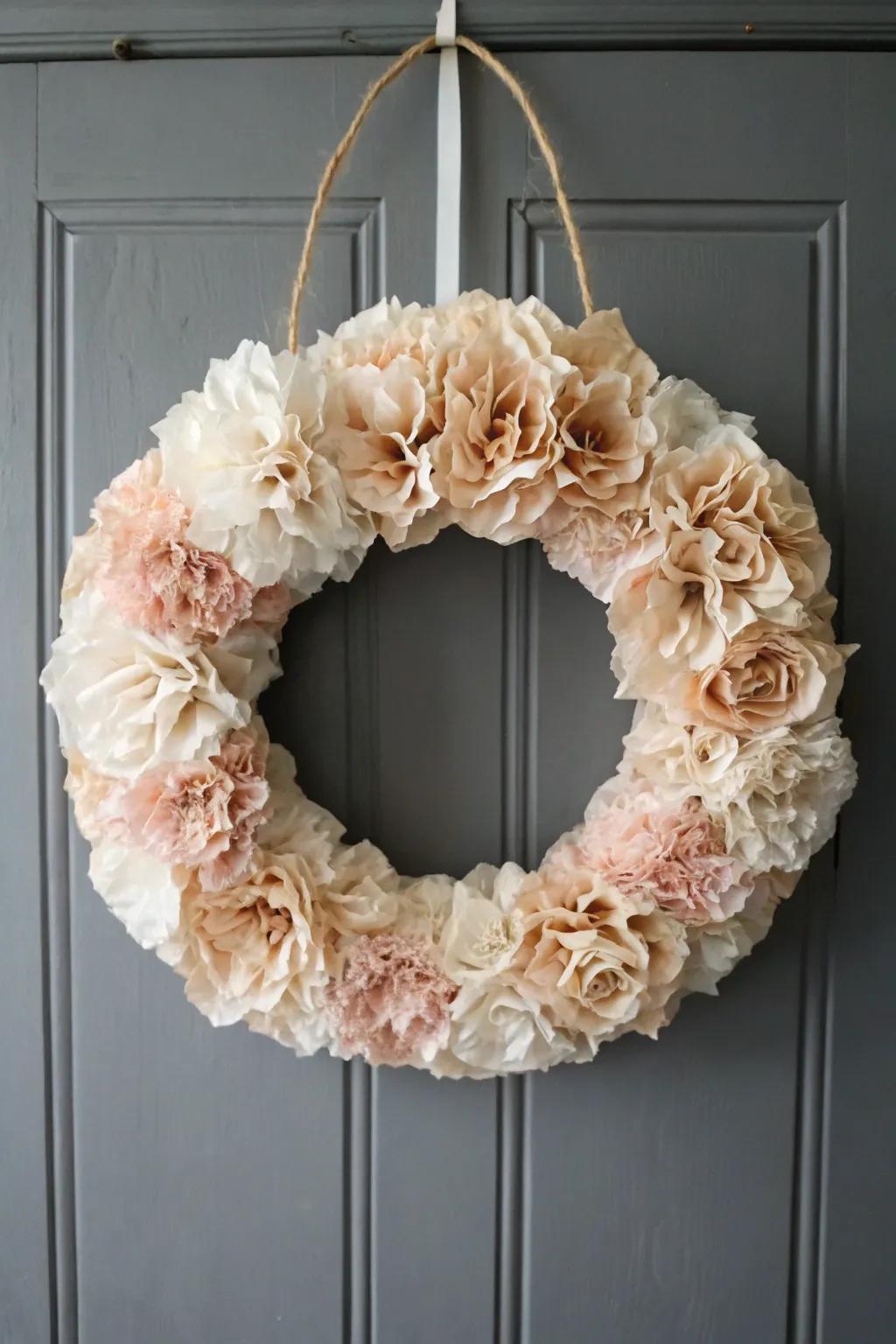 Coffee-filter floral wreath—budget-friendly, big impact, with a soft Scandinavian-boho look.