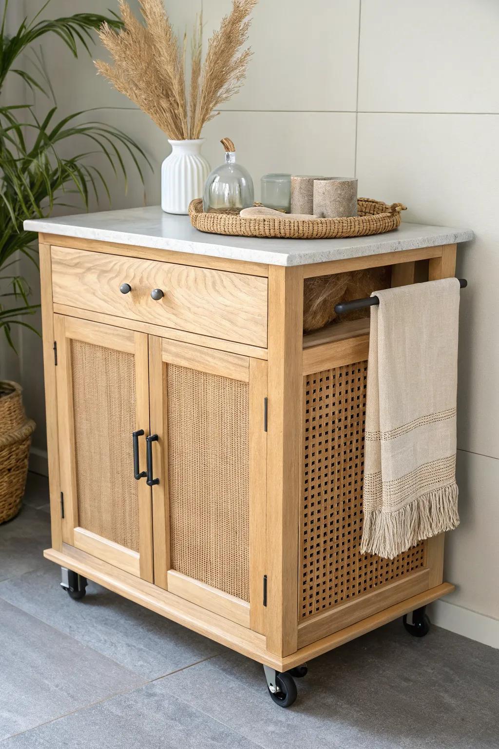 A rolling DIY hutch cart with locking casters—small-space storage that moves with you.