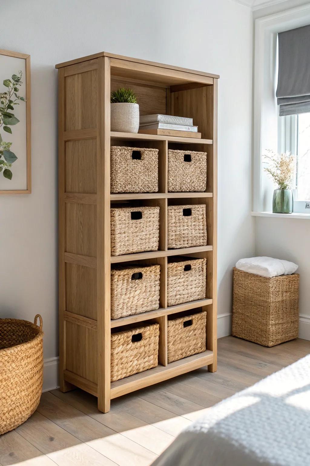A low bookcase lined with matching woven baskets—instant calm storage for small bedrooms.