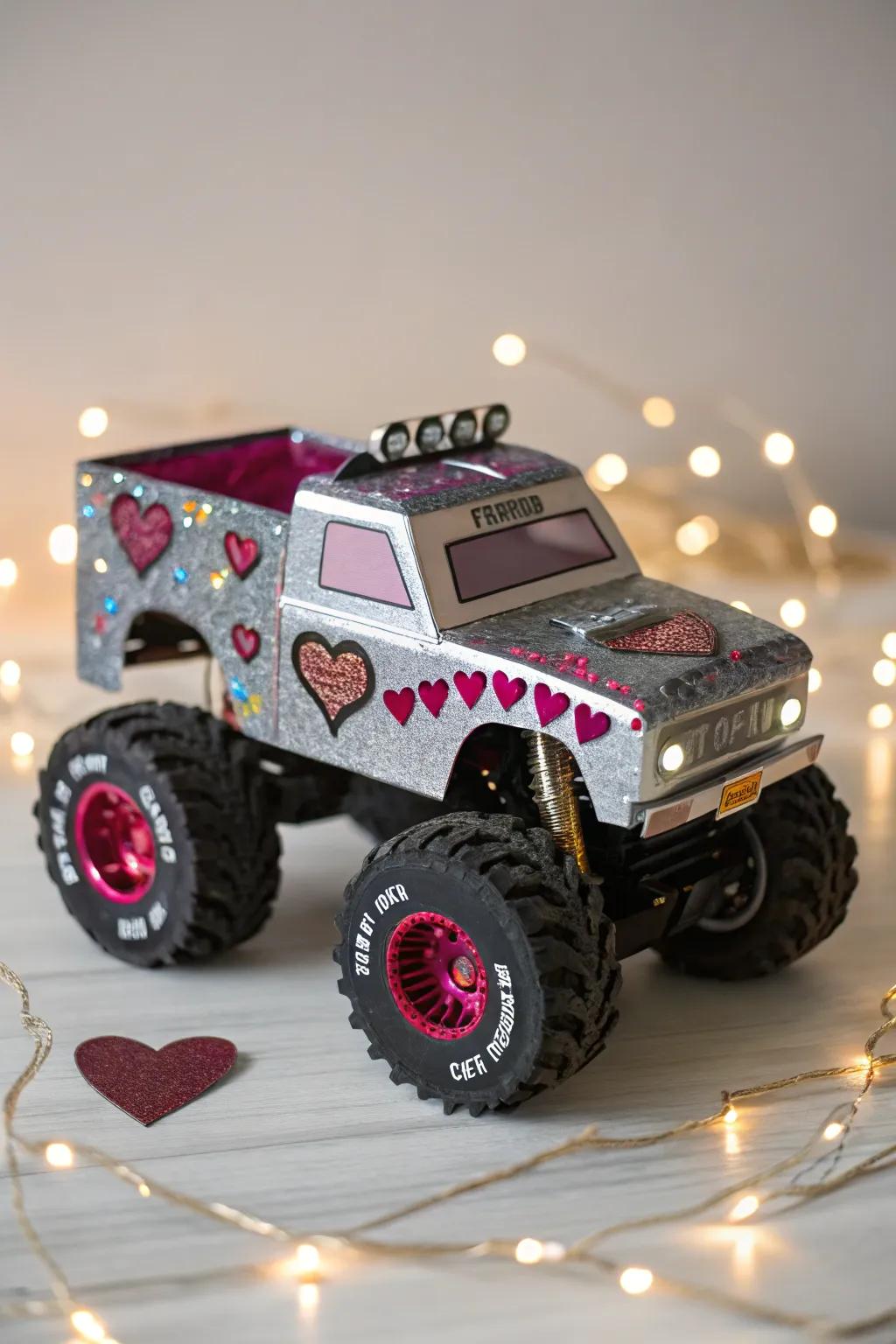 Transform your Valentine box into a dazzling monster truck with sparkling metallic stickers!