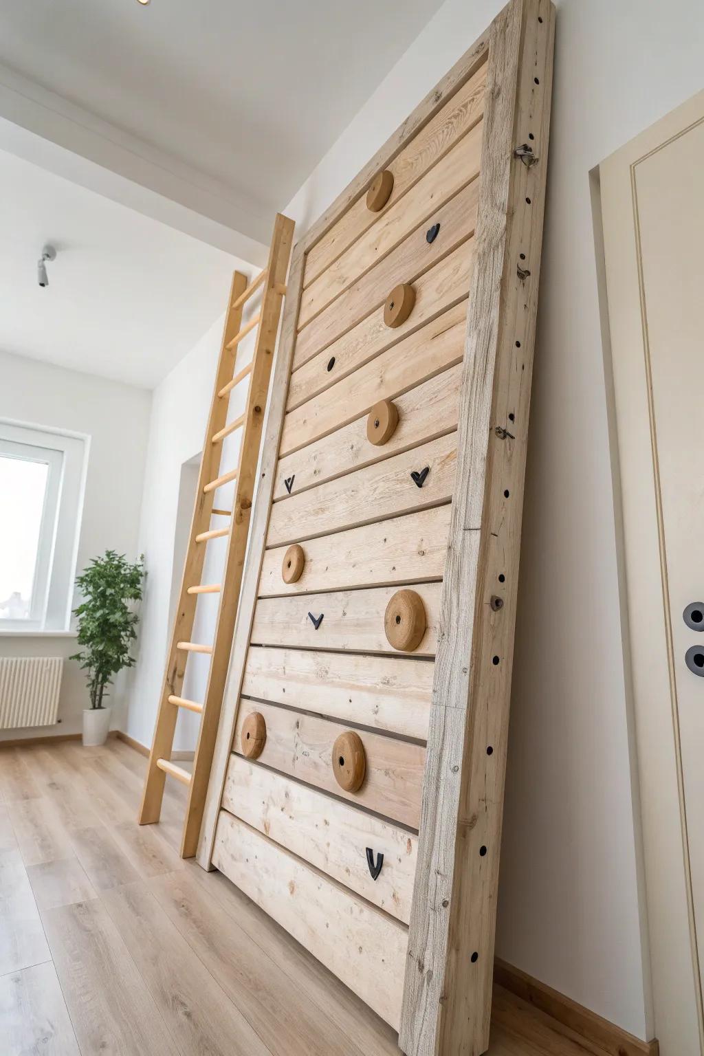 A chic indoor pallet climbing wall—big play value without taking up precious floor space.