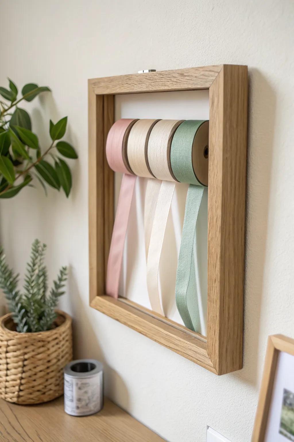 Turn ribbons into wall art with a shadow-box picture frame dispenser—pretty, tidy, space-saving.