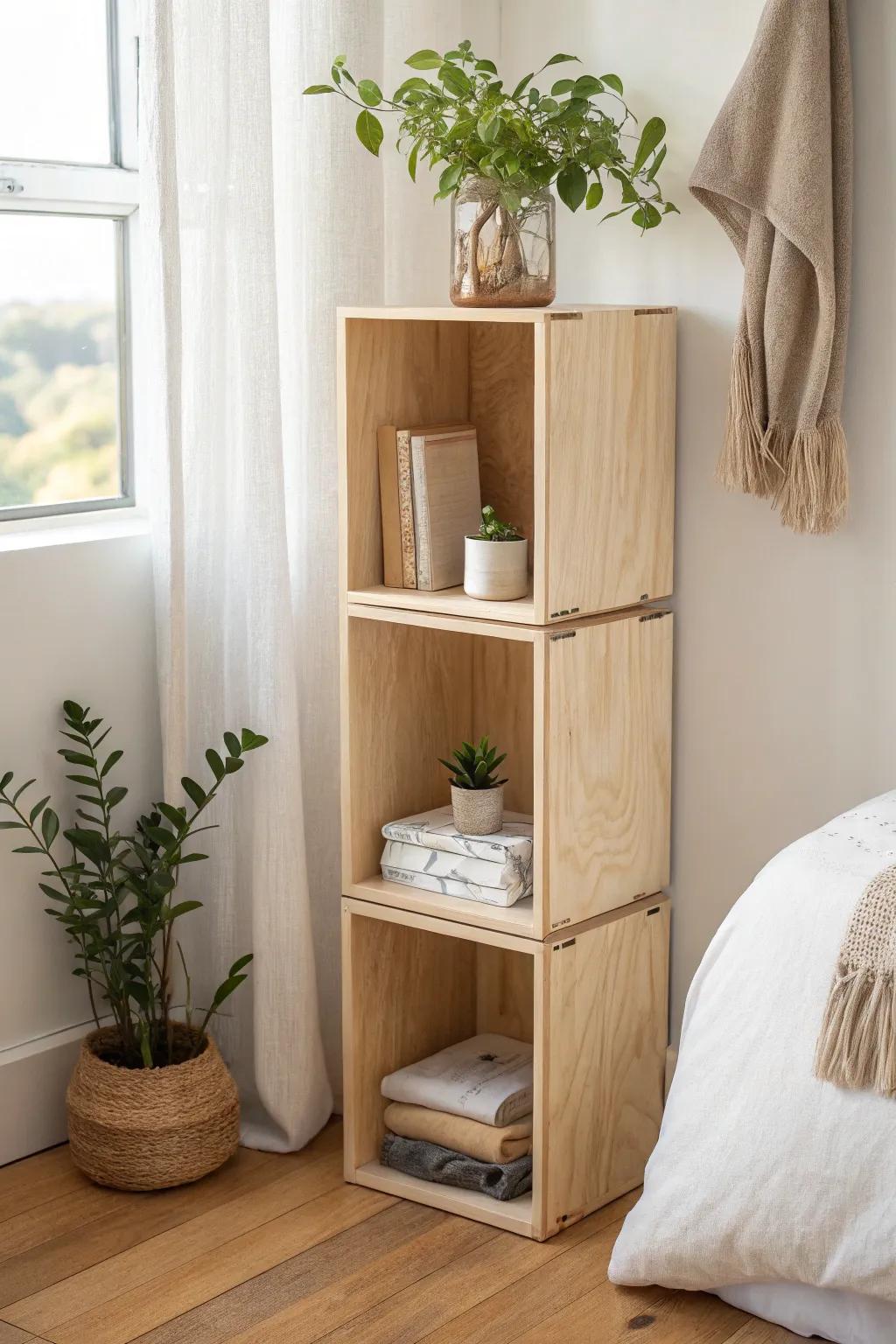 DIY stacked box shelves: a mini wall unit that grows with your bedroom storage needs.