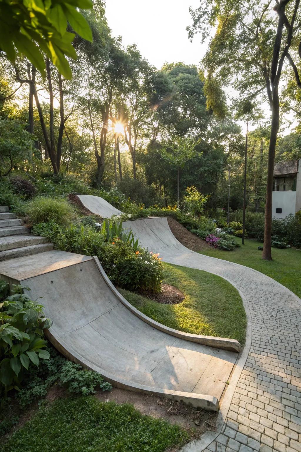Ride the waves of nature with a DIY skatepark that blends seamlessly into your garden!