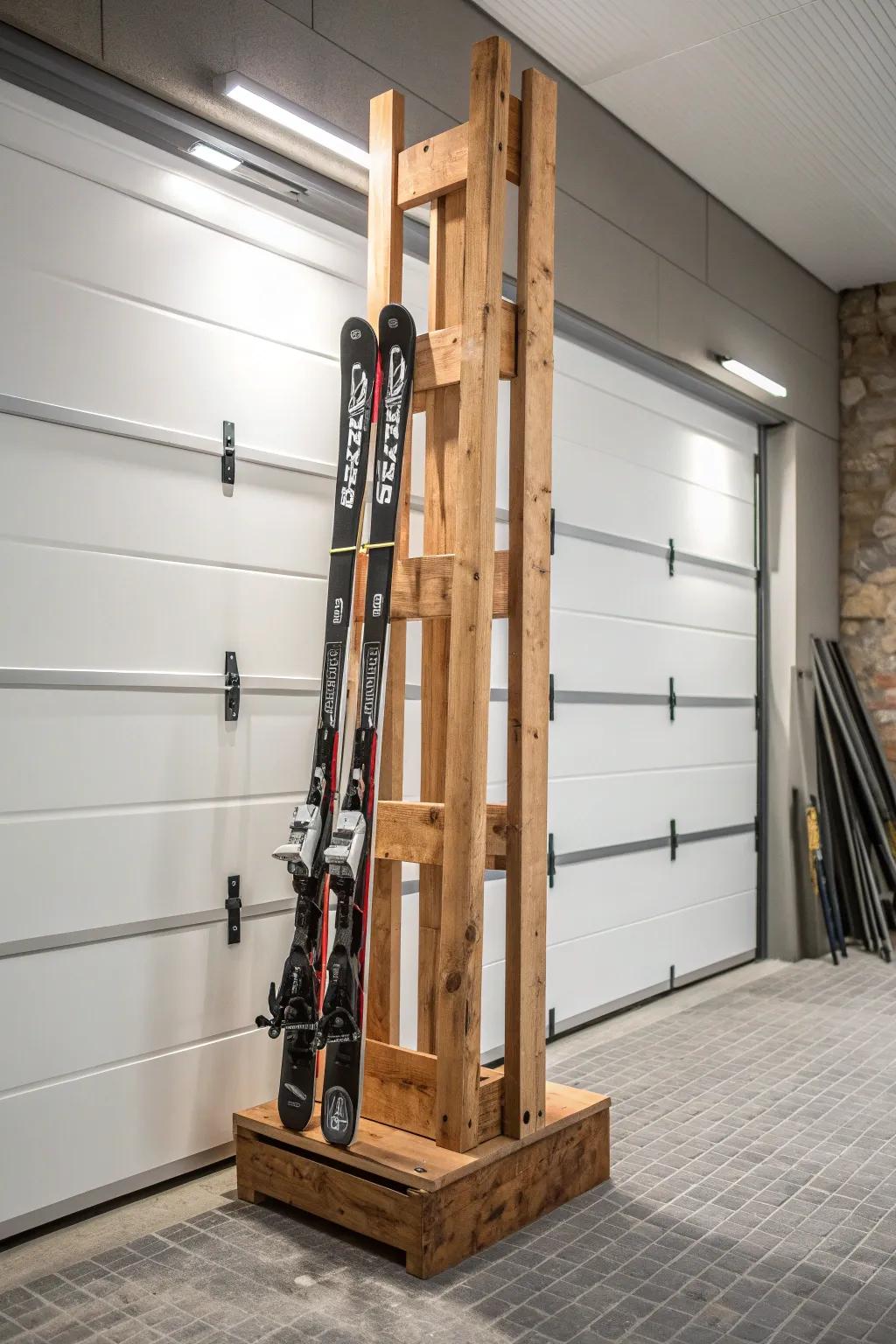 Elevate your garage with this stylish DIY pallet ski rack—where sustainability meets functionality.