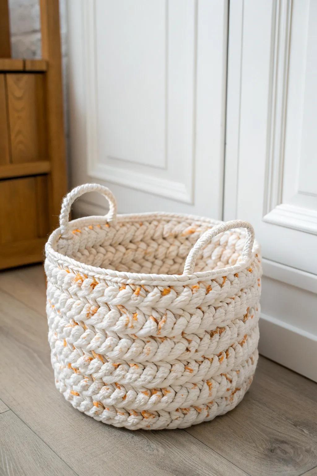 Crocheted plarn basket: tough, water-friendly storage with a clean Scandi-boho look.