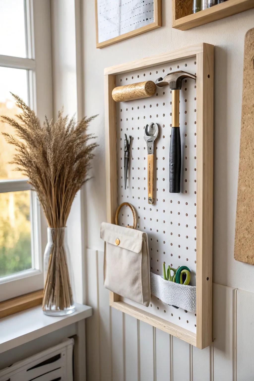 Swing-out pegboard panels: double the tool space in a small room—beautiful and practical.