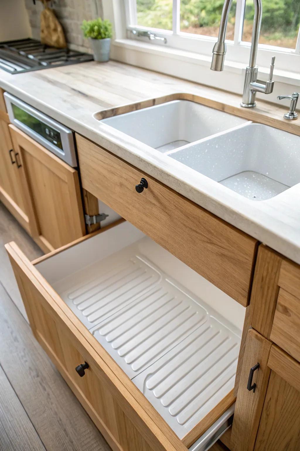 DIY under-sink waterproof liner with a raised edge—simple drip insurance for small kitchens.