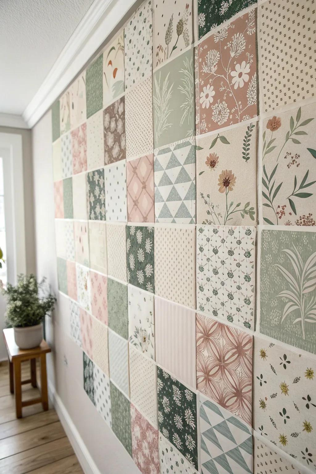 Turn leftover rolls into an artsy patchwork accent wall—minimal, boho, and budget-friendly.