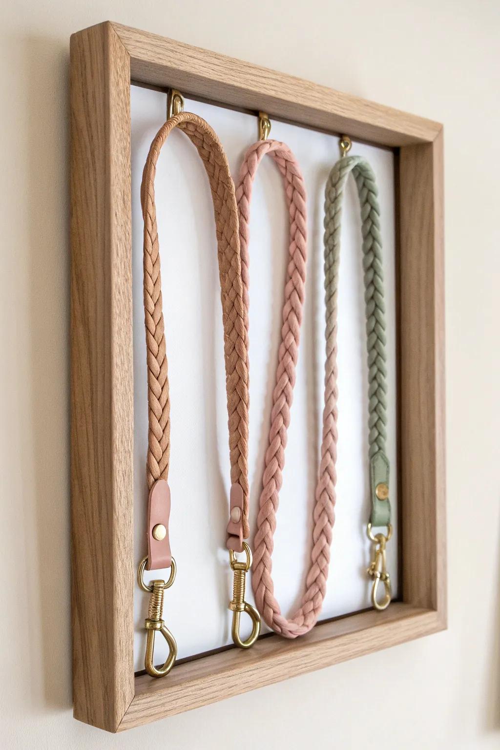 Turn pretty leashes into wall art with a minimalist shadowbox frame and tiny brass hooks.